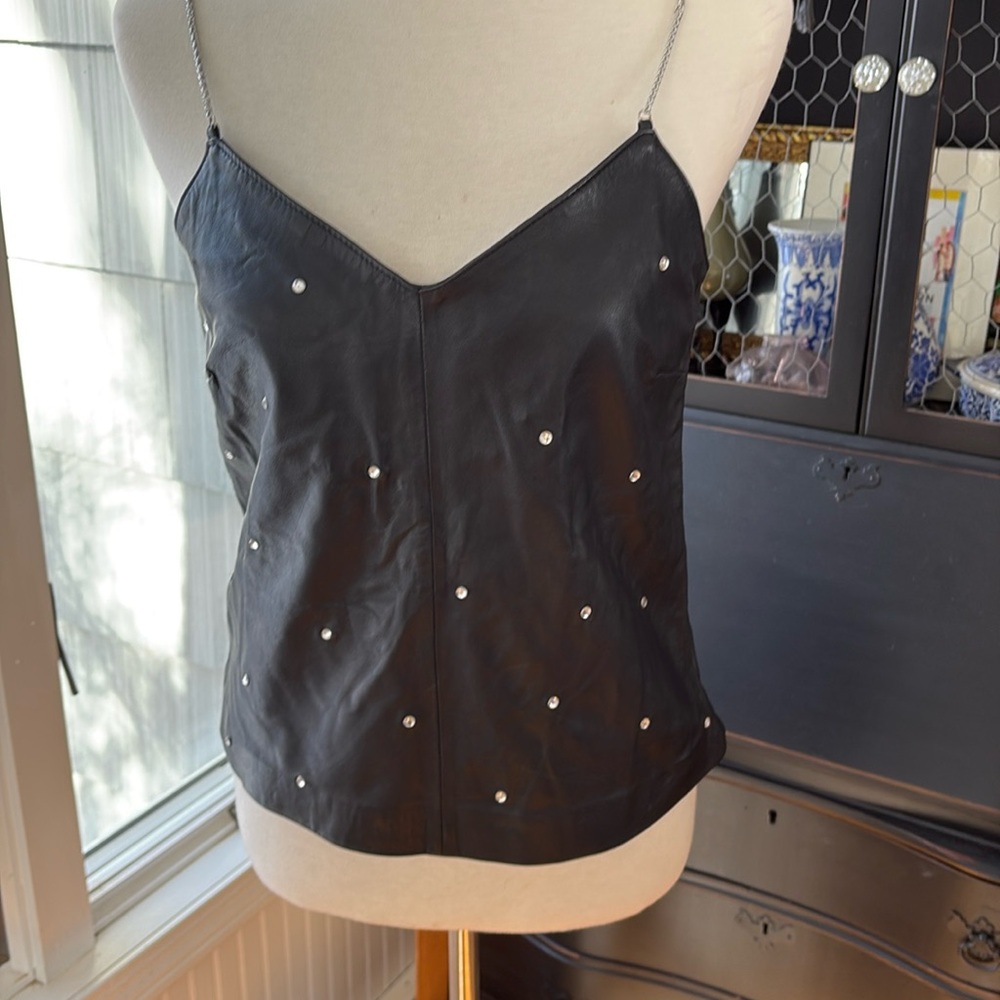LAMARQUE NWOT Black 100% leather tank top with silver chain straps size small